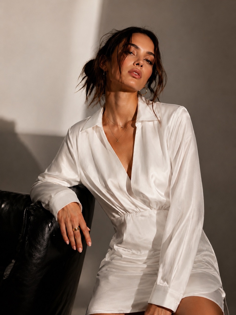 White Long Sleeve Surplice Dress with Collar